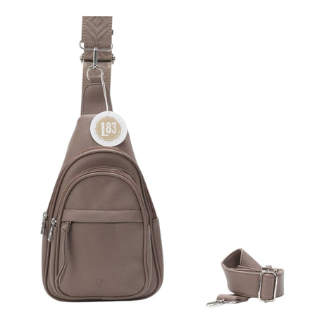 Connemara Country LOT83 Faya taupe vegan leather crossbody backpack with an interchangeable woven and PU strap