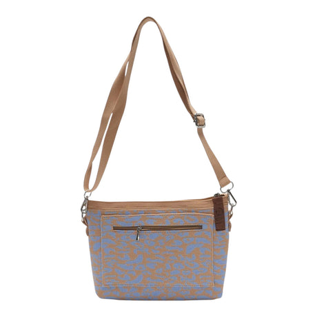 Connemara Country LOT83 Kaat 13 small handbag in blue and tan patterned fabric with an adjustable beige strap