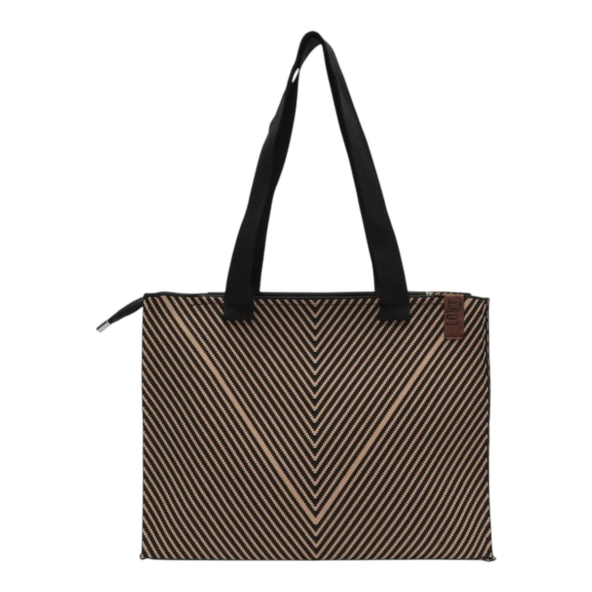 Connemara Country LOT83 Femke 29 knitted tote bag with black chevron pattern, zip closure, and vegan leather strap.