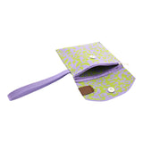Connemara Country LOT83 Julia woven wallet in purple and lime green with a wrist strap and magnetic snap closure.