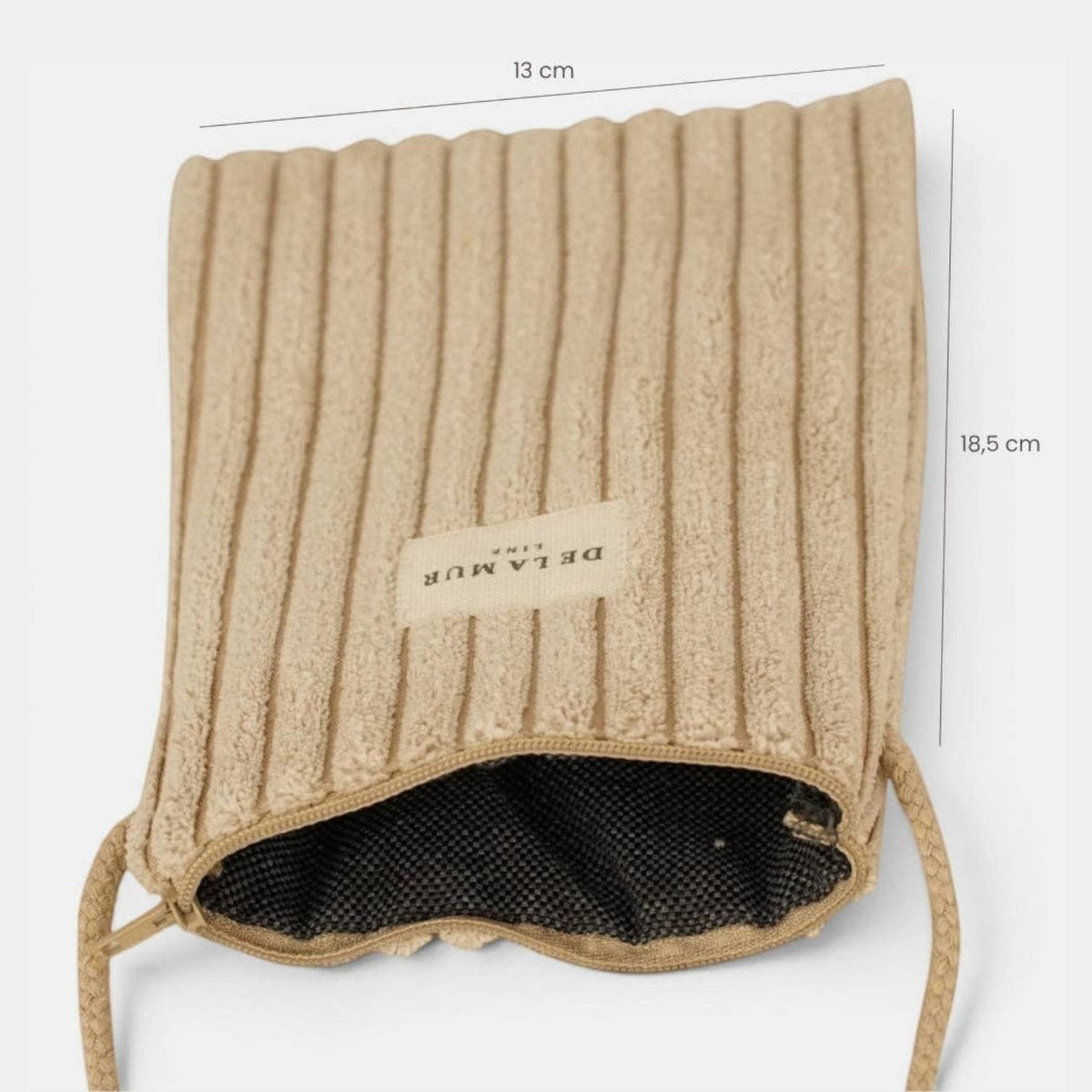 Connemara Country De La Mur mocha beige corduroy crossbody phone pouch with zipper and long cotton cord