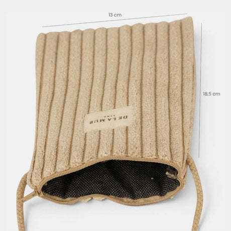 Connemara Country De La Mur mocha beige corduroy crossbody phone pouch with zipper and long cotton cord