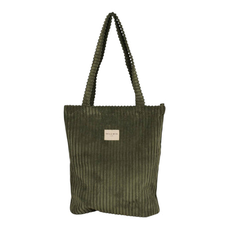 Connemara Country De La Mur small moss green wide-wale corduroy tote bag with shoulder straps and top zipper closure.