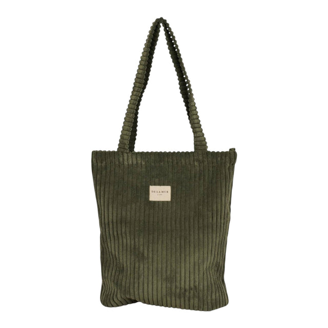 Connemara Country De La Mur small moss green wide-wale corduroy tote bag with shoulder straps and top zipper closure.