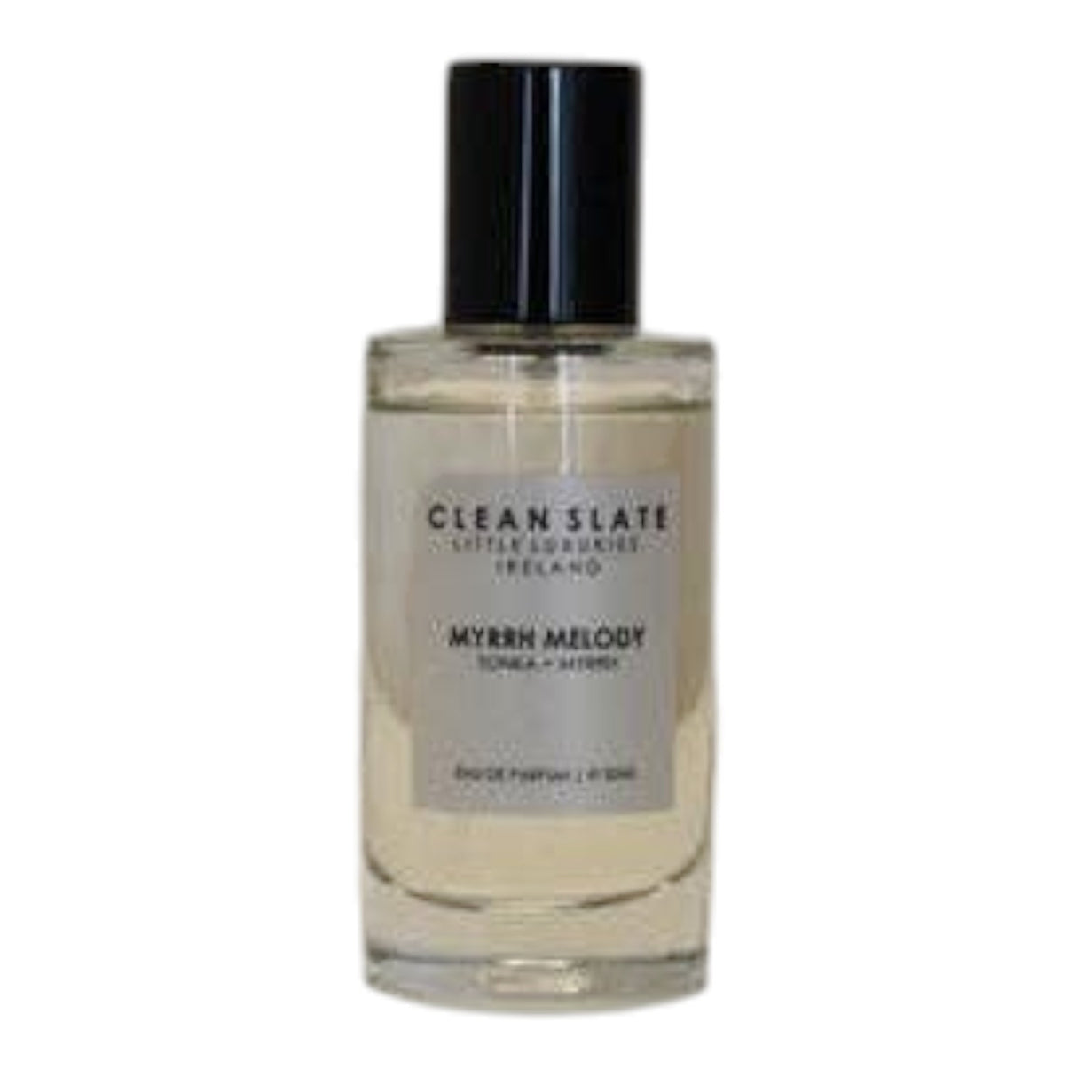 Connemara Country CLEAN SLATE Myrrh Melody 50ml Eau de Parfum with Tonka + Myrrh notes, in a clear glass bottle with a black cap.