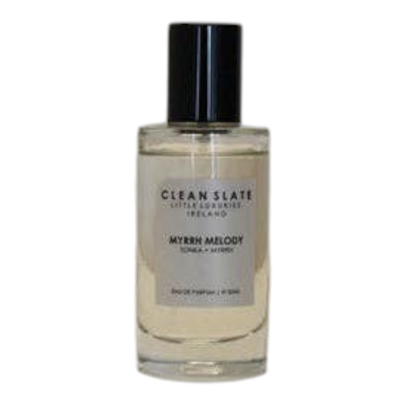Connemara Country CLEAN SLATE Myrrh Melody 50ml Eau de Parfum with Tonka + Myrrh notes, in a clear glass bottle with a black cap.
