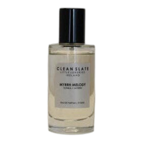 Connemara Country CLEAN SLATE Myrrh Melody 50ml Eau de Parfum with Tonka + Myrrh notes, in a clear glass bottle with a black cap.
