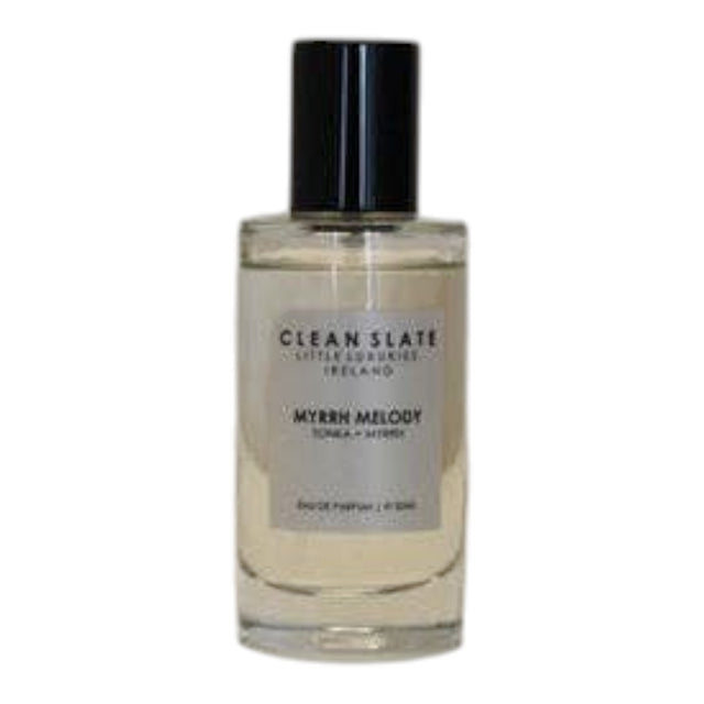 Connemara Country CLEAN SLATE Myrrh Melody 50ml Eau de Parfum with Tonka + Myrrh notes, in a clear glass bottle with a black cap.