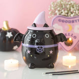 Connemara Country pastel bat cat oil burner in black ceramic with a lavender witch hat and pentagram detail.