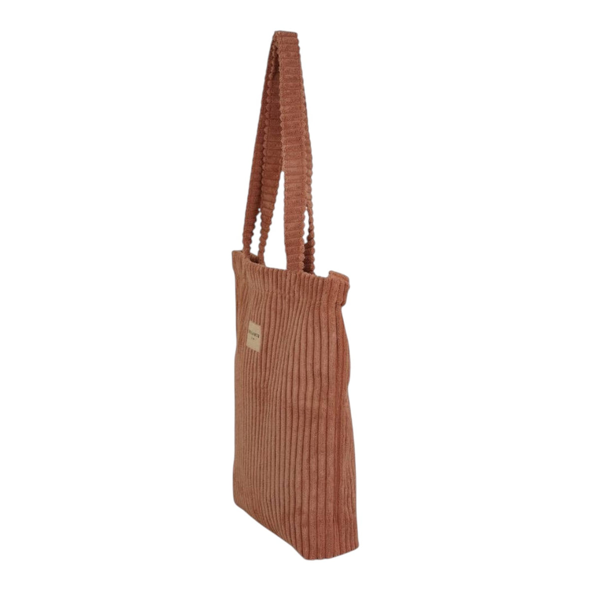 Connemara Country pink corduroy tote bag with shoulder straps and top zipper, side view showing dimensions.
