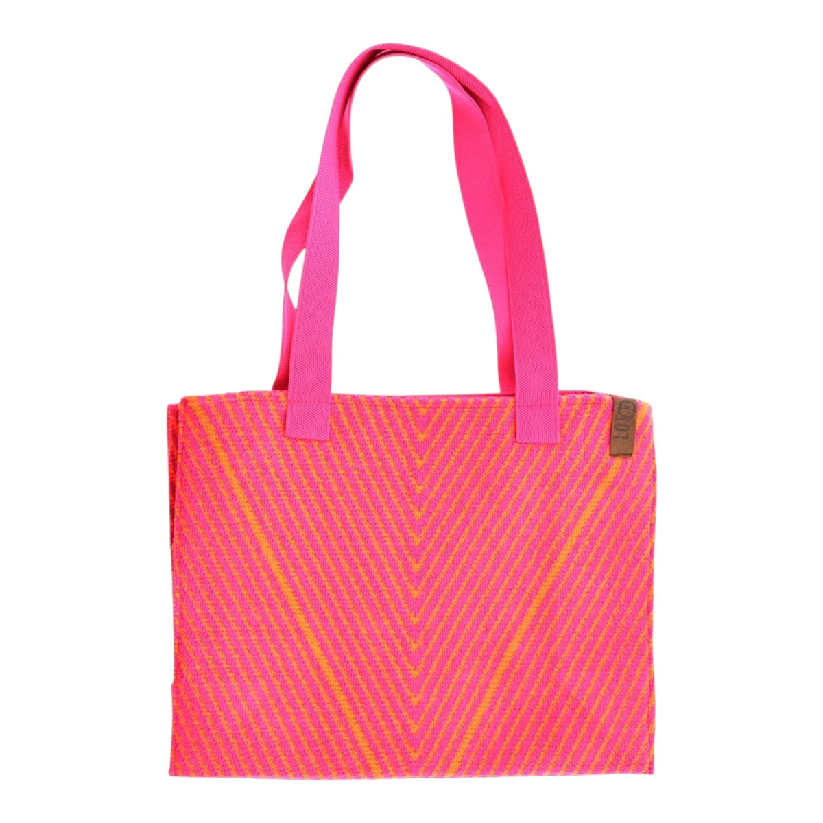 Connemara Country LOT83 Femke 17 pink and orange chevron knitted tote bag with vegan leather strap detail