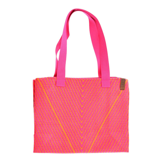 Connemara Country LOT83 Femke 17 pink and orange chevron knitted tote bag with vegan leather strap detail