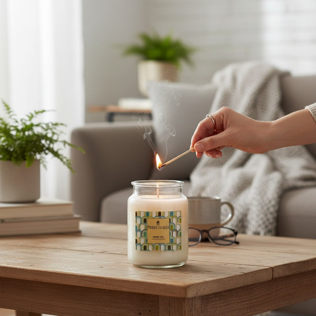 Connemara Country's Price's Candles Warm Hug scented candle in a clear glass jar with a lid. White paraffin wax with a single wick.