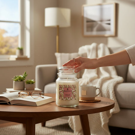 Connemara Country Price's Candles Desert Sun scented candle in a clear glass jar with a lid. Cream wax, 560g.