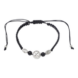 Connemara Country adjustable black cord bracelet featuring a silver shamrock charm, hematite beads, and Celtic knots.