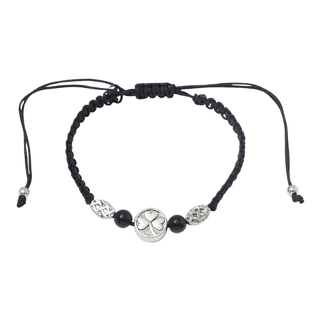 Connemara Country adjustable black cord bracelet featuring a silver shamrock charm, hematite beads, and Celtic knots.