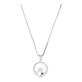 Connemara Country sterling silver Claddagh pendant featuring two vibrant green stones on a delicate silver chain.
