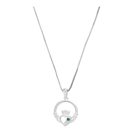 Connemara Country sterling silver Claddagh pendant featuring two vibrant green stones on a delicate silver chain.