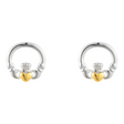 Connemara Country sterling silver Claddagh earrings with a small gold heart detail, traditional Irish jewelry design.