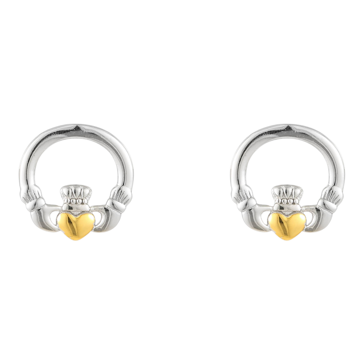 Connemara Country sterling silver Claddagh earrings with a small gold heart detail, traditional Irish jewelry design.