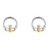 Connemara Country sterling silver Claddagh earrings with a small gold heart detail, traditional Irish jewelry design.