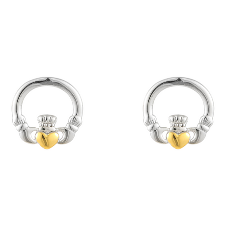 Connemara Country sterling silver Claddagh earrings with a small gold heart detail, traditional Irish jewelry design.