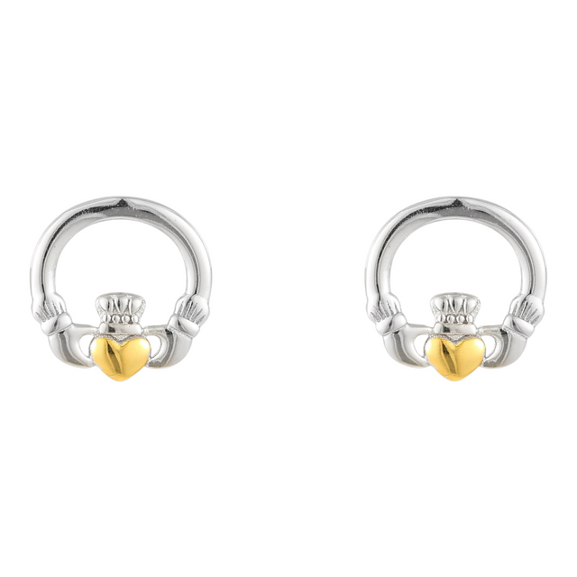 Connemara Country sterling silver Claddagh earrings with a small gold heart detail, traditional Irish jewelry design.
