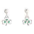 Connemara Country silver plated shamrock drop earrings featuring three green cubic zirconia stones in each charm.