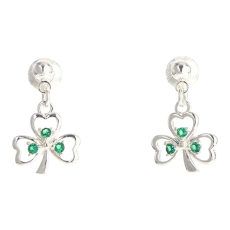 Connemara Country silver plated shamrock drop earrings featuring three green cubic zirconia stones in each charm.