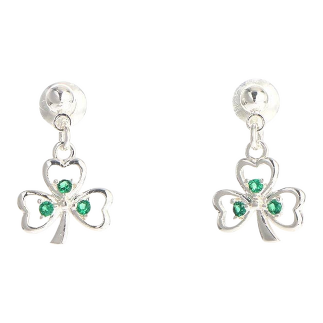 Connemara Country silver plated shamrock drop earrings featuring three green cubic zirconia stones in each charm.