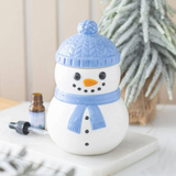 Connemara Country ceramic snowman oil burner with a blue hat and scarf, perfect for festive winter home decor.