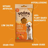 Connemara Country Soopa carrot and pumpkin jumbo dental sticks for dogs in orange packaging with a golden retriever.