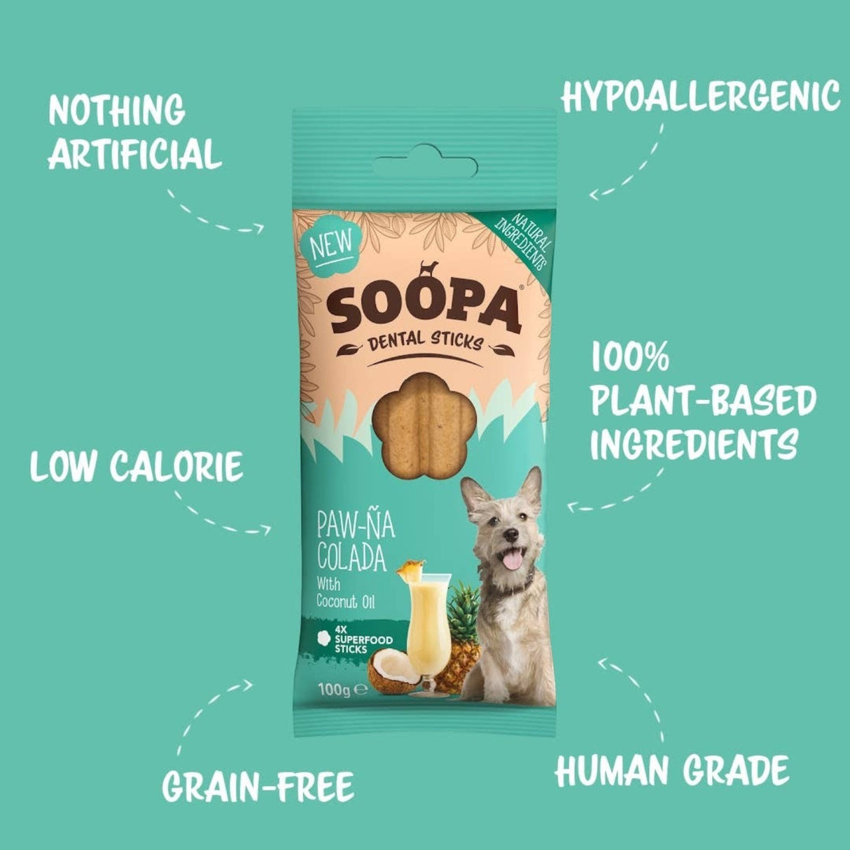 Connemara Country Soopa Paw-Na Colada dental sticks for dogs, featuring coconut and pineapple plant-based ingredients.