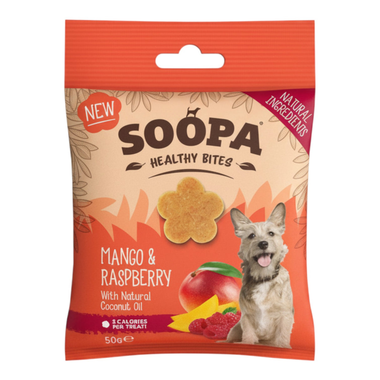 Connemara Country Soopa Mango & Raspberry dog treats, flower-shaped biscuits with natural ingredients for healthy digestion and immunity.