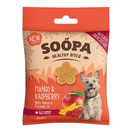 Connemara Country Soopa Mango & Raspberry dog treats, flower-shaped biscuits with natural ingredients for healthy digestion and immunity.