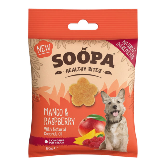 Connemara Country Soopa Mango & Raspberry dog treats, flower-shaped biscuits with natural ingredients for healthy digestion and immunity.
