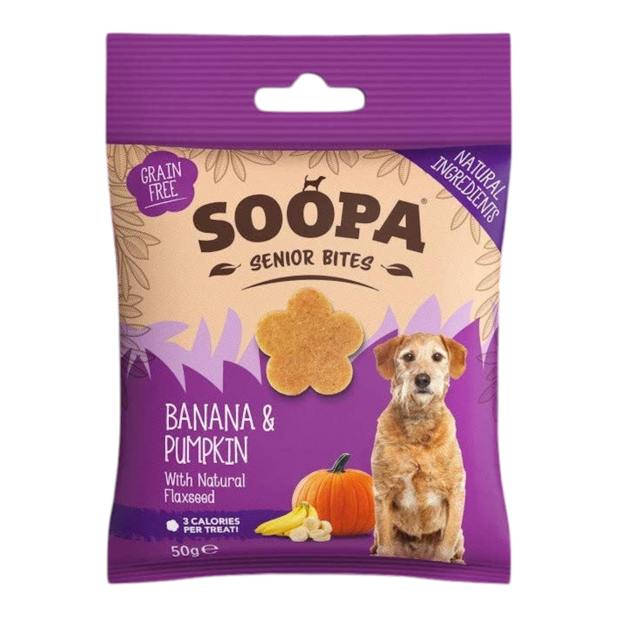 Connemara Country Soopa Senior Bites Banana & Pumpkin dog treats, grain-free, low calorie, 100% plant-based ingredients.