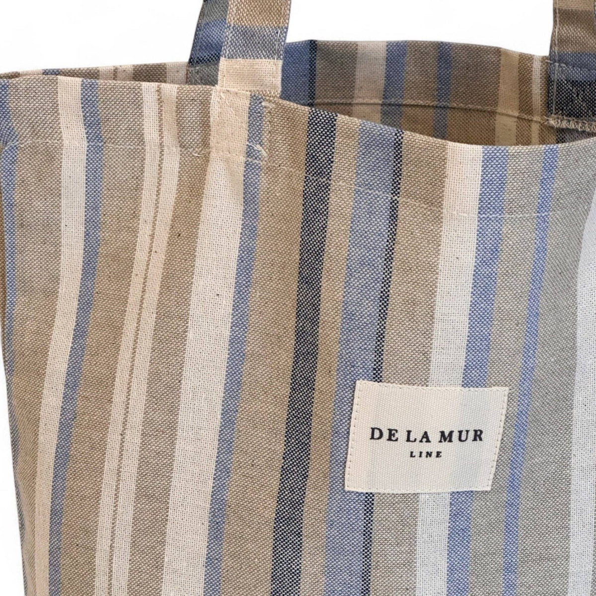 Connemara Country De La Mur small tote bag in blue and cream striped half-panama fabric with shoulder straps