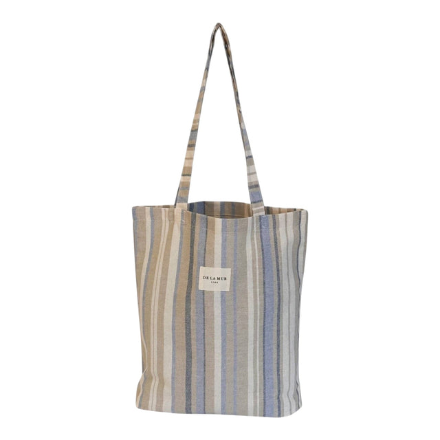 Connemara Country De La Mur small tote bag in blue and cream striped half-panama fabric with shoulder straps