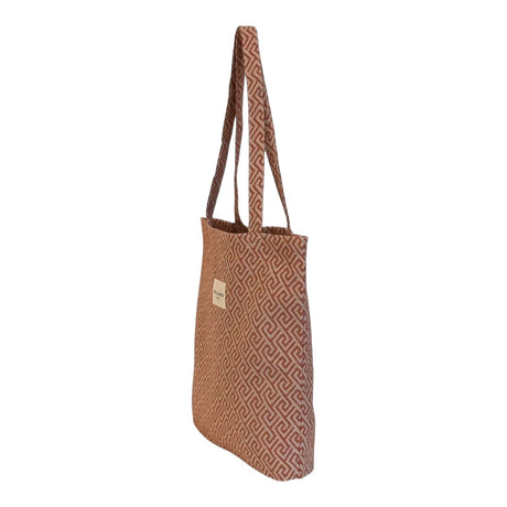 Connemara Country De La Mur small tote bag in terracotta jacquard fabric with a geometric pattern and shoulder straps.