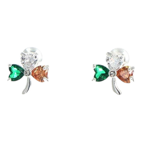 Connemara Country silver plated shamrock stud earrings featuring heart-shaped green, white, and orange tricolour stones.