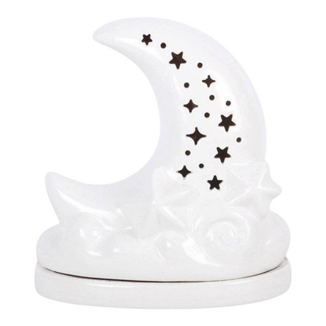 Connemara Country white ceramic moon incense cone holder with star cut-outs and sculpted cloud details.