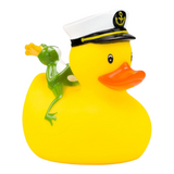 Connemara Country yellow rubber duck wearing a captain hat with a gold anchor and a green frog king on its back.