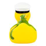 Connemara Country yellow rubber duck wearing a captain hat with a green frog king perched on its back