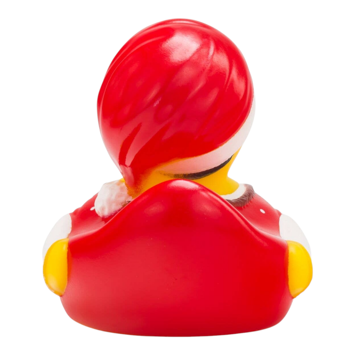 Back view of Connemara Country Theresa Trachtenherz rubber duck wearing a red Christmas hat and traditional costume.