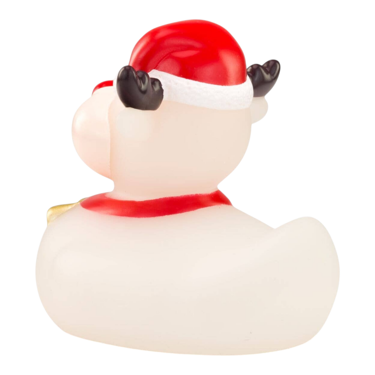 Connemara Country Rudolph the Reindeer rubber duck with a red Santa hat and collar, back view on white background.