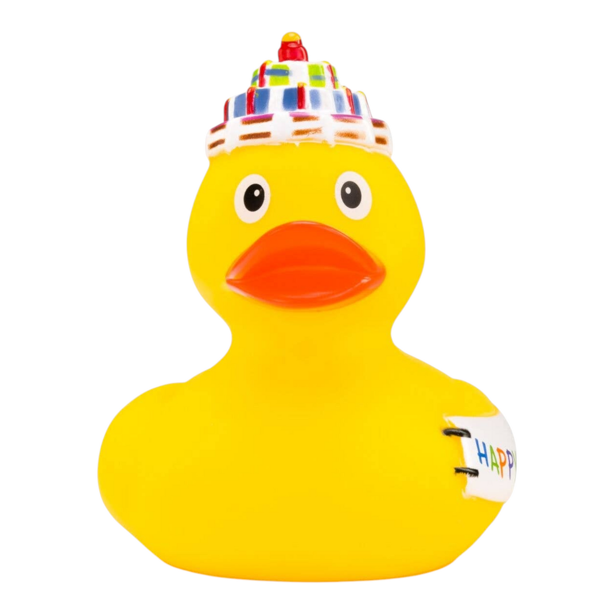 Connemara Country yellow rubber duck wearing a birthday cake hat with a candle and a Happy Birthday banner