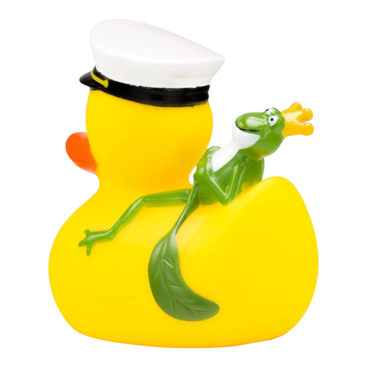 Connemara Country yellow rubber duck wearing a captain hat with a green frog king sitting on its back