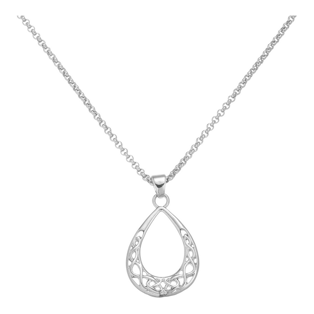 Connemara Country silver teardrop pendant featuring an intricate Celtic weave design on a delicate chain.