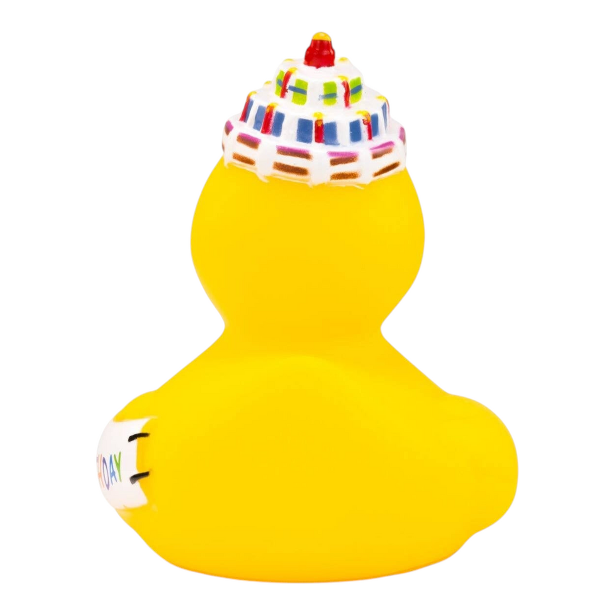 Connemara Country yellow rubber duck wearing a birthday cake hat with a candle and a Happy Birthday banner